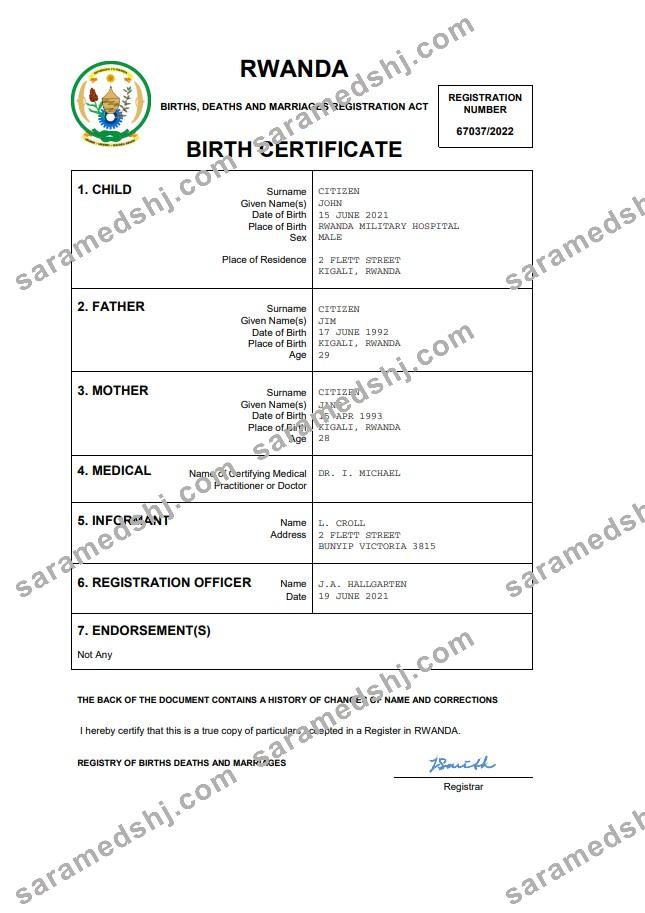 Rwanda birth certificate Word and PDF template